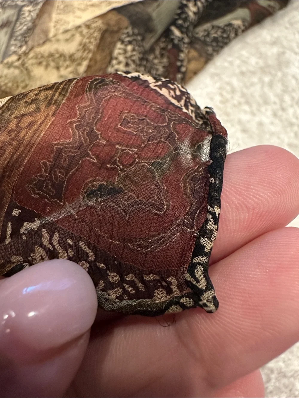 100% silk Sheer Patchwork Print Scarf in Black, Brown & Tan
